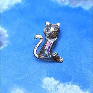 Taxco Cat Brooch Pin Abalone Shell Sterling Silver Vintage Jewelry Cute Retro
